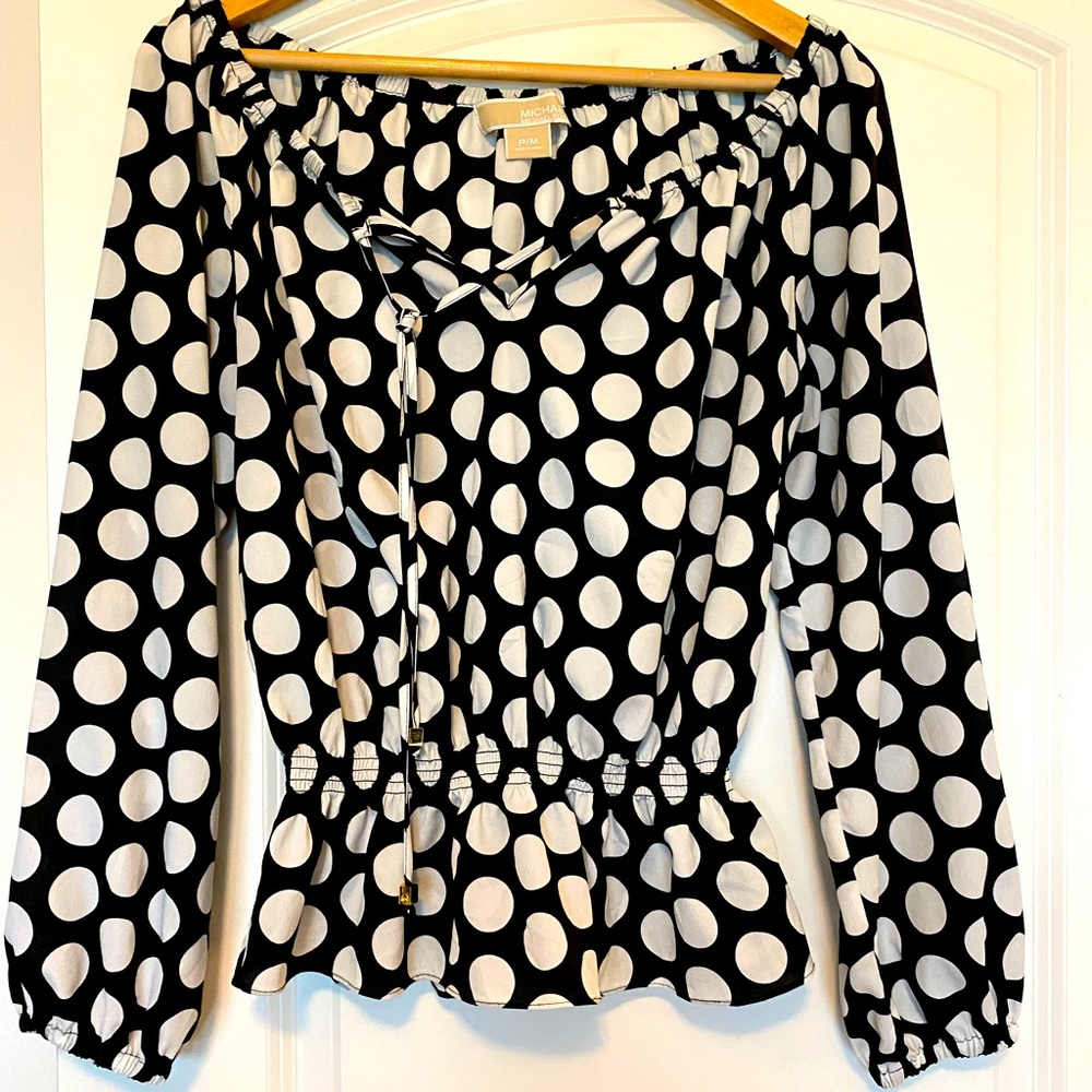 Michael Kors Black and White polka dot blouse size Petite Medium